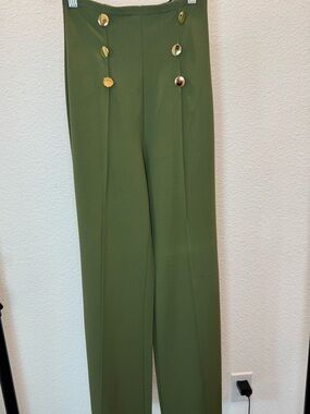Valentine Olive Green High Waist Sailor Button Wide Leg Pants Trousers Women’s
